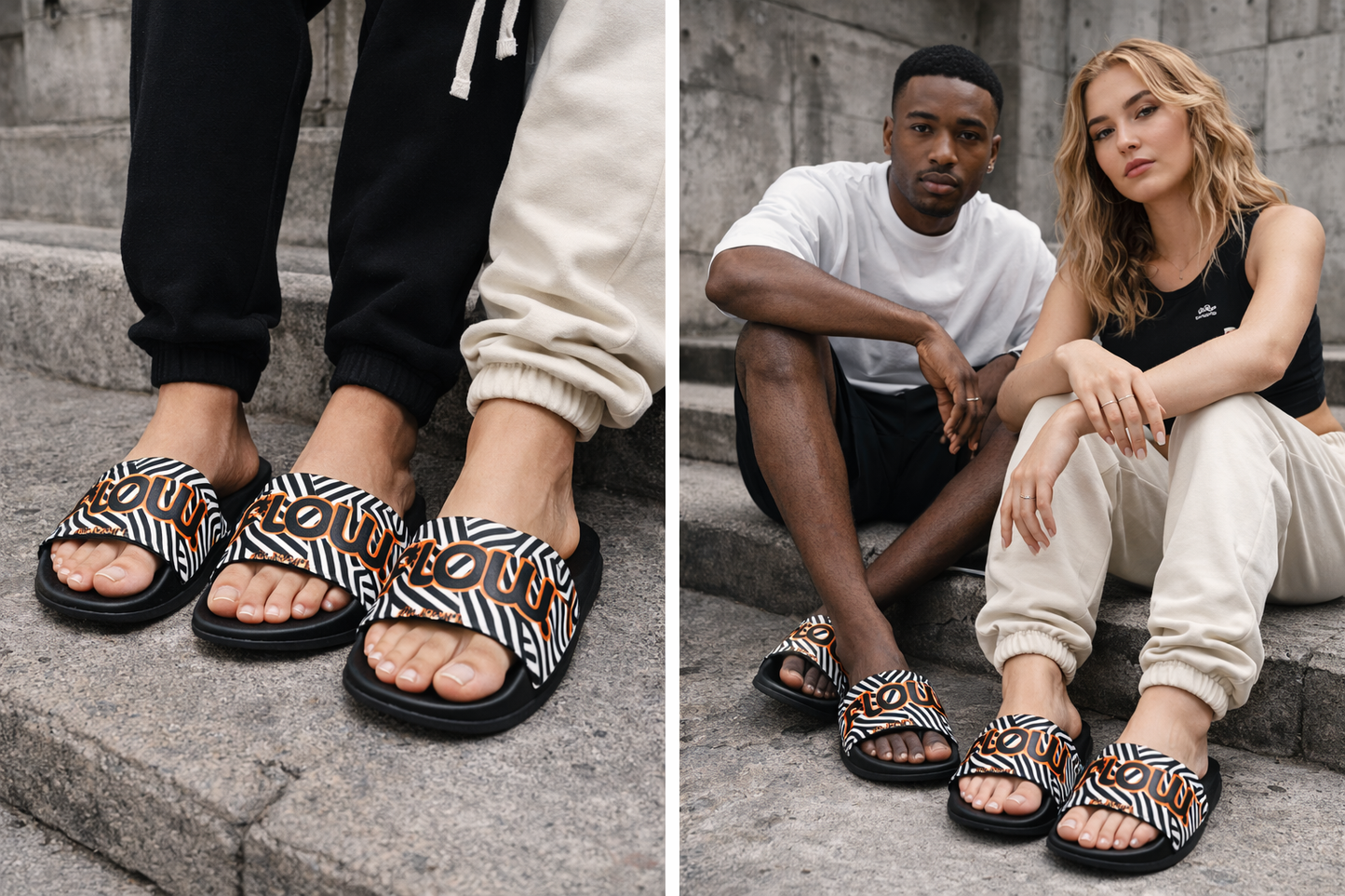 F*LOW Men’s Slides – Black & White Geometric Logo Design