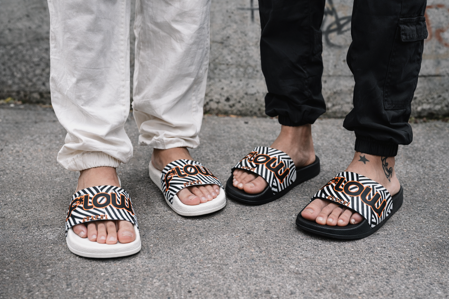 F*LOW Men’s Slides – Black & White Geometric Logo Design