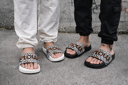 F*LOW Men’s Slides – Black & White Geometric Logo Design