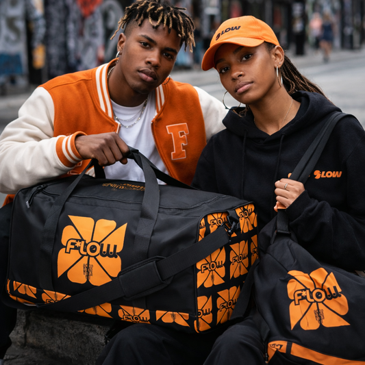 F*LOW Black Duffle Bag – Orange 3D Geometric Pattern