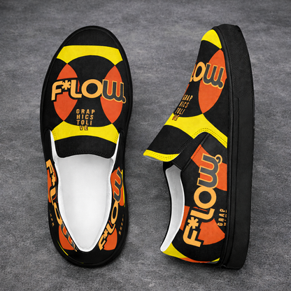 F*LOW Men’s Slip-On Canvas Shoes – Red & Yellow Geometric 90’s Style Logo