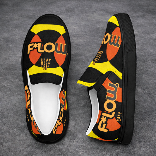 F*LOW Men’s Slip-On Canvas Shoes – Red & Yellow Geometric 90’s Style Logo