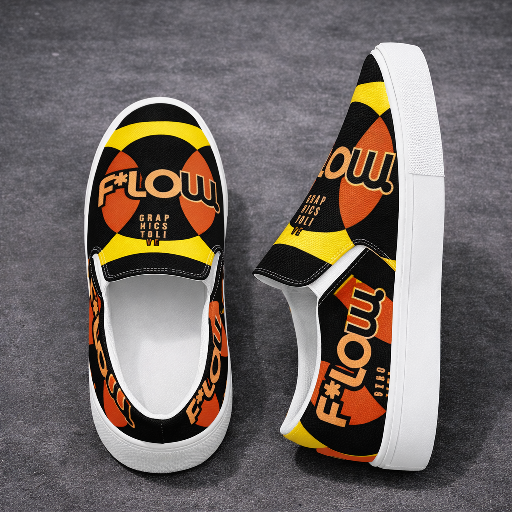 F*LOW Men’s Slip-On Canvas Shoes – Red & Yellow Geometric 90’s Style Logo