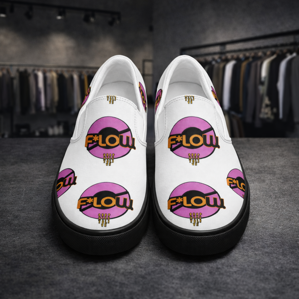 F*LOW Women’s Slip-On Canvas Shoes – White & Pink Logo Design
