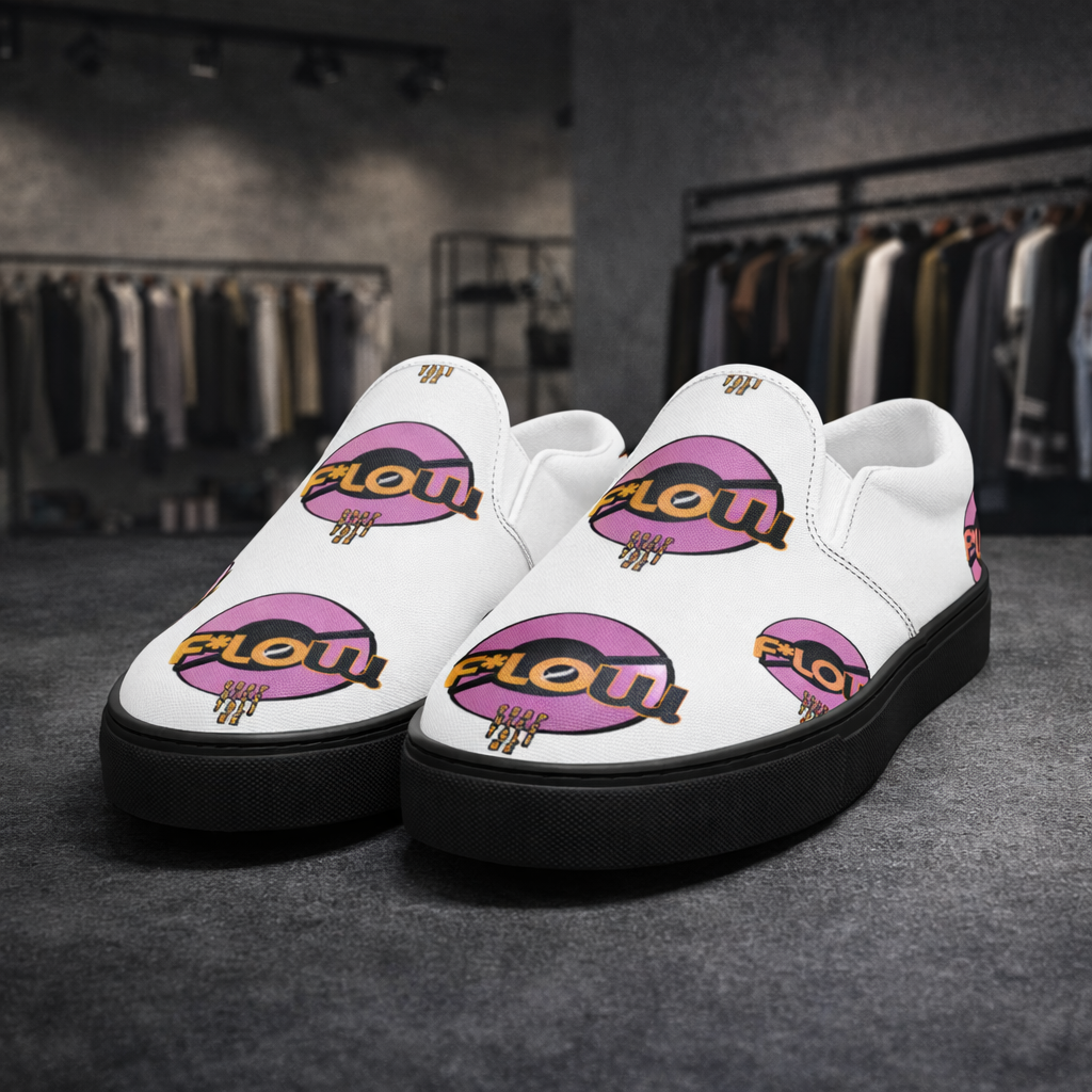 F*LOW Women’s Slip-On Canvas Shoes – White & Pink Logo Design