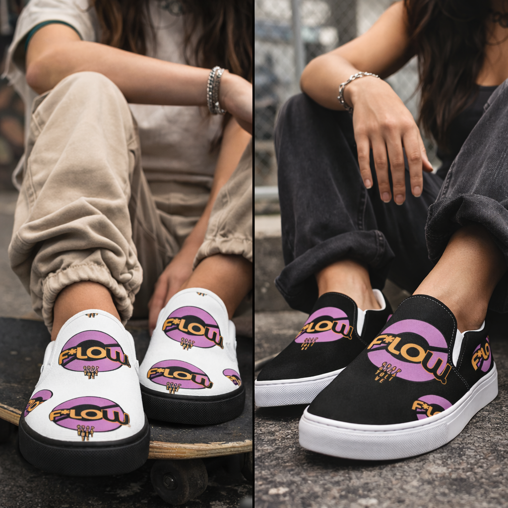 F*LOW Women’s Slip-On Canvas Shoes – White & Pink Logo Design