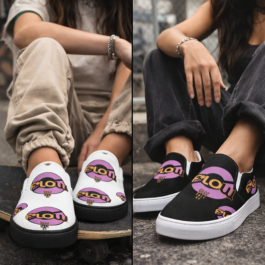 F*LOW Women’s Slip-On Canvas Shoes – Black & Pink Logo Design