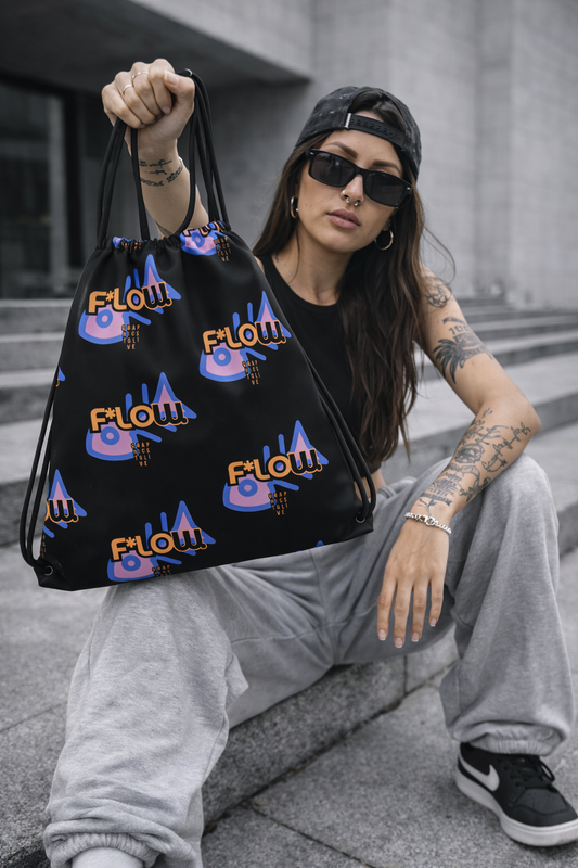 F*LOW Drawstring Backpack – Black Mood Fish Logo Graphic