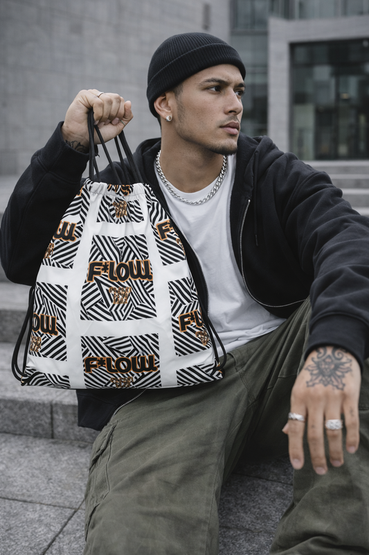 F*LOW Drawstring Backpack – Black & White Zigzag Graphic Logo