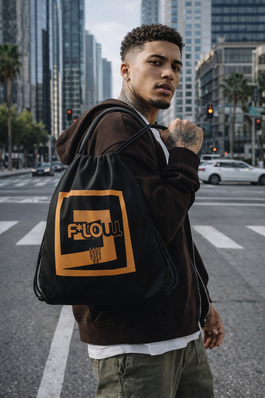 F*LOW Drawstring Backpack – Orange Base Spiral Logo Design