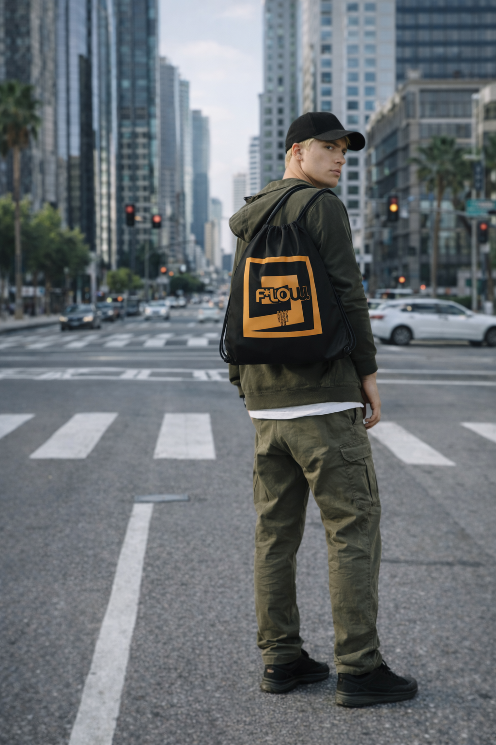 F*LOW Drawstring Backpack – Orange Base Spiral Logo Design