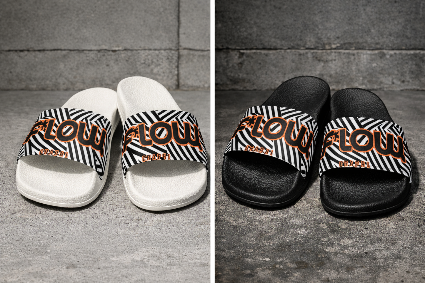 F*LOW Men’s Slides – Black & White Geometric Logo Design