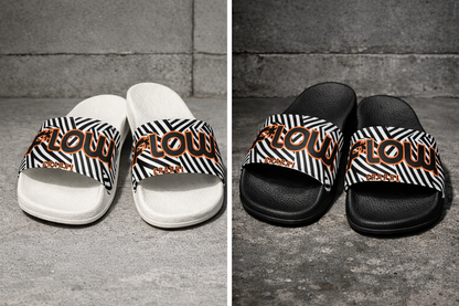 F*LOW Men’s Slides – Black & White Geometric Logo Design