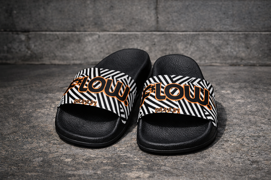 F*LOW Men’s Slides – Black & White Geometric Logo Design