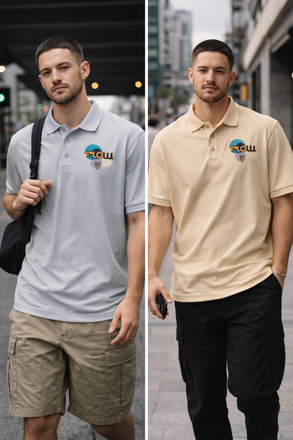 F*LOW Men’s Premium Polo – Geometric Logo Design