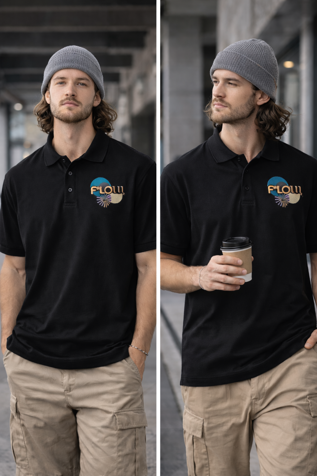 F*LOW Men’s Premium Polo – Geometric Logo Design
