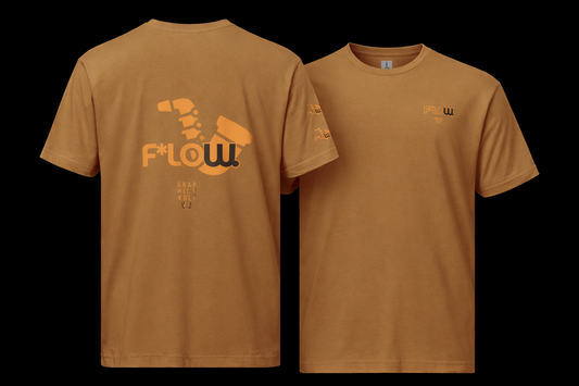 F*LOW Unisex Fine Jersey Tee – Logo & Orange Geometric Sax Graphic