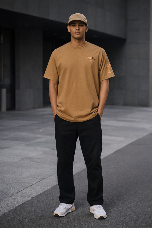 F*LOW Unisex Fine Jersey Tee – Logo & Orange Geometric Sax Graphic