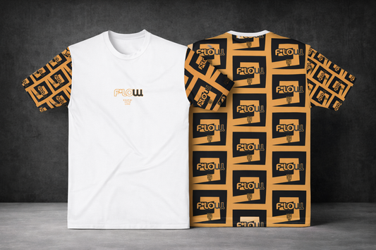 Men’s Cotton Crew Neck T-Shirt – F*LOW Orange & Black Geometric Logo