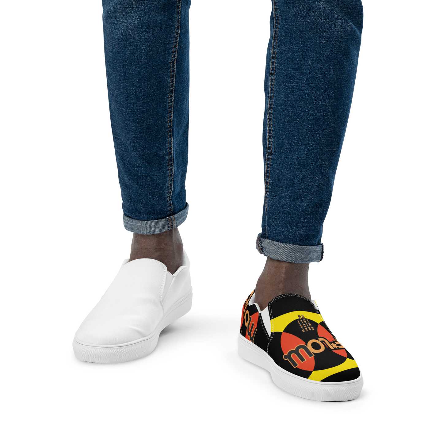 F*LOW Men’s Slip-On Canvas Shoes – Red & Yellow Geometric 90’s Style Logo